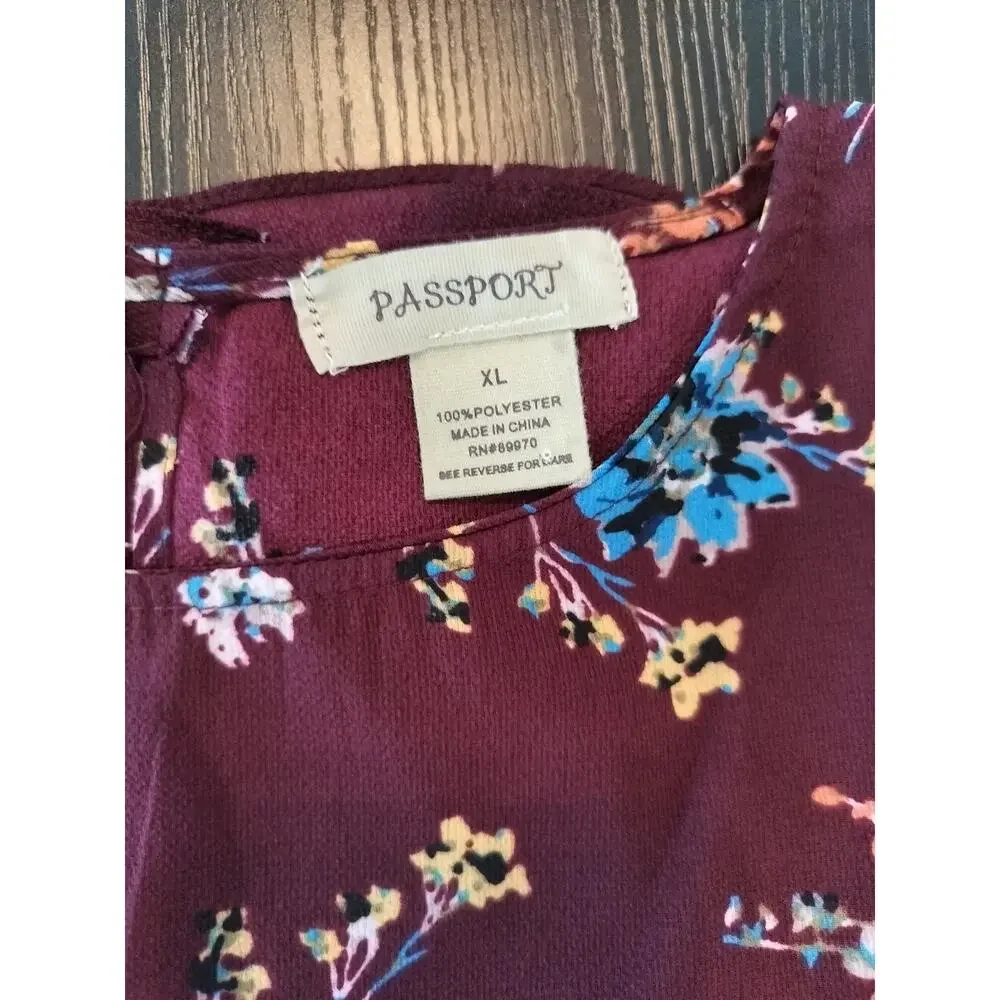 Passport Women’s XL Burgundy Floral Blouse Long Sleeve Ruffle Cuff Top - Picture 7 of 8
